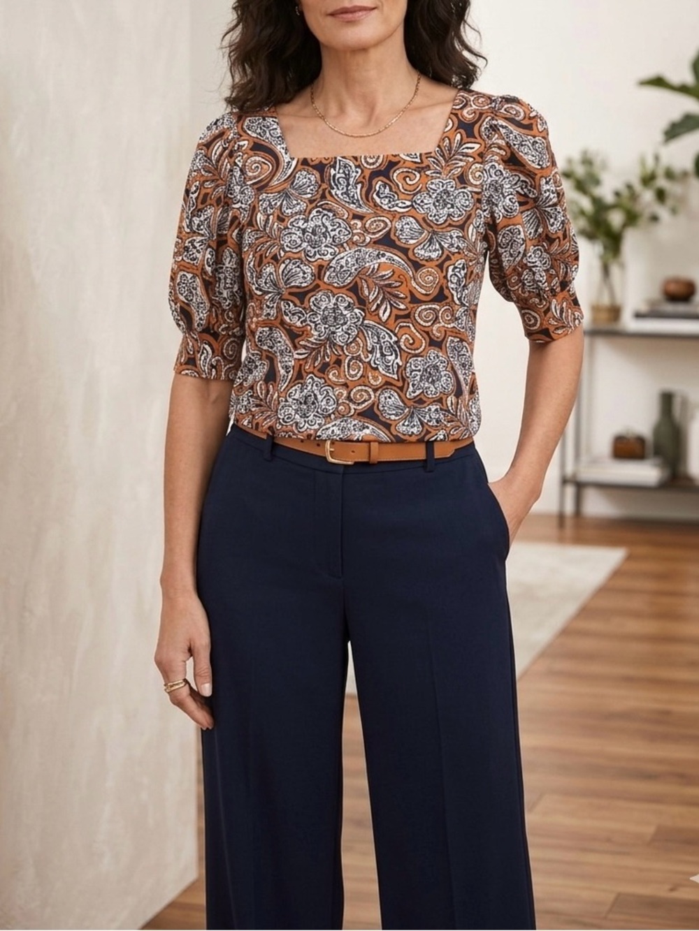 Chico's Rust, orange Paisley Square-Neck Top Sz L